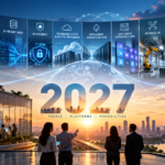 Global technology landscape featuring AI, cloud computing, cybersecurity, robotics, data infrastructure and connected industries.