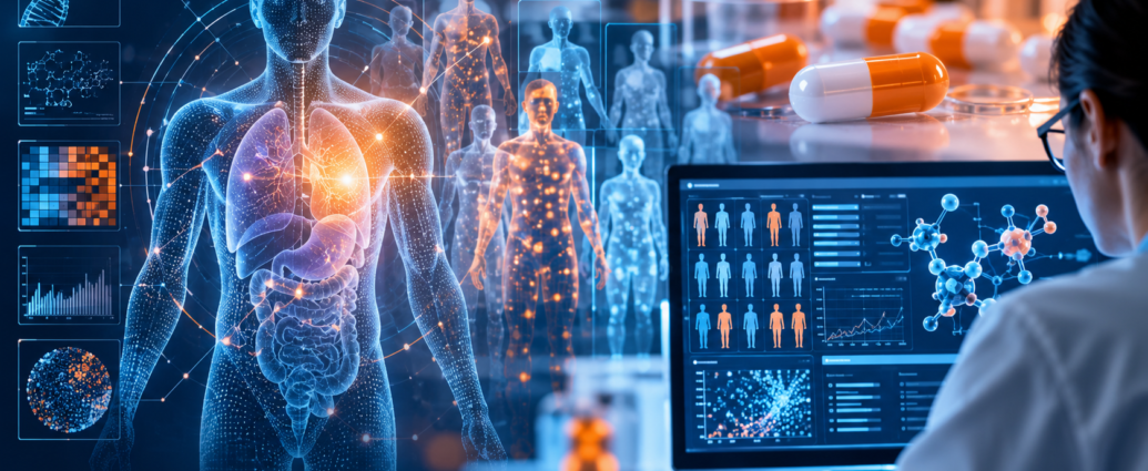 AI-generated virtual patient models and clinical data analytics illustrating in silico clinical trials and AI-driven drug development