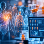 AI-generated virtual patient models and clinical data analytics illustrating in silico clinical trials and AI-driven drug development