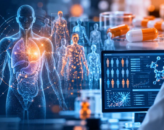 AI-generated virtual patient models and clinical data analytics illustrating in silico clinical trials and AI-driven drug development