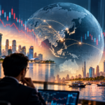 Singapore and Asian financial district skylines beneath a global financial map and volatile bond market charts, illustrating rising yields and pressure on Asian banks.