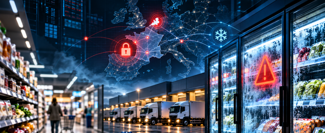 Cybersecurity threats disrupting supermarket supply chains, with warehouse delivery trucks, grocery shelves and refrigeration equipment.