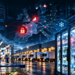 Cybersecurity threats disrupting supermarket supply chains, with warehouse delivery trucks, grocery shelves and refrigeration equipment.