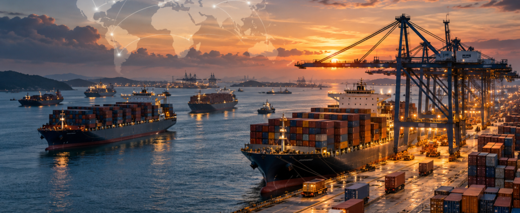 Global container port with cargo ships and cranes illustrating international freight transportation and supply chain connectivity.