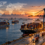 Global container port with cargo ships and cranes illustrating international freight transportation and supply chain connectivity.