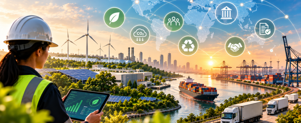 Global ESG and sustainability compliance represented by renewable energy, green industry, solar panels, global shipping and connected governance icons.