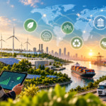 Global ESG and sustainability compliance represented by renewable energy, green industry, solar panels, global shipping and connected governance icons.