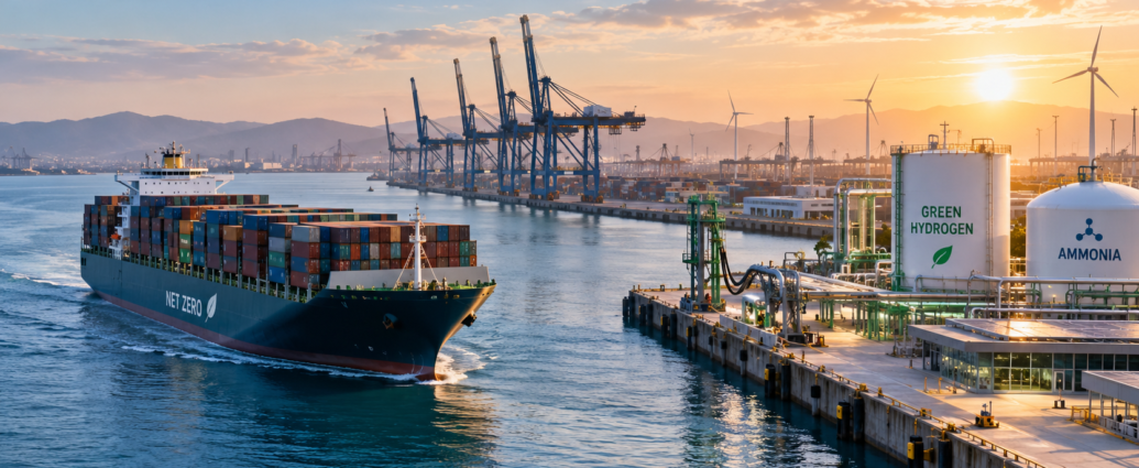 Container ship approaching a port equipped with green hydrogen and ammonia infrastructure, illustrating green shipping corridors.