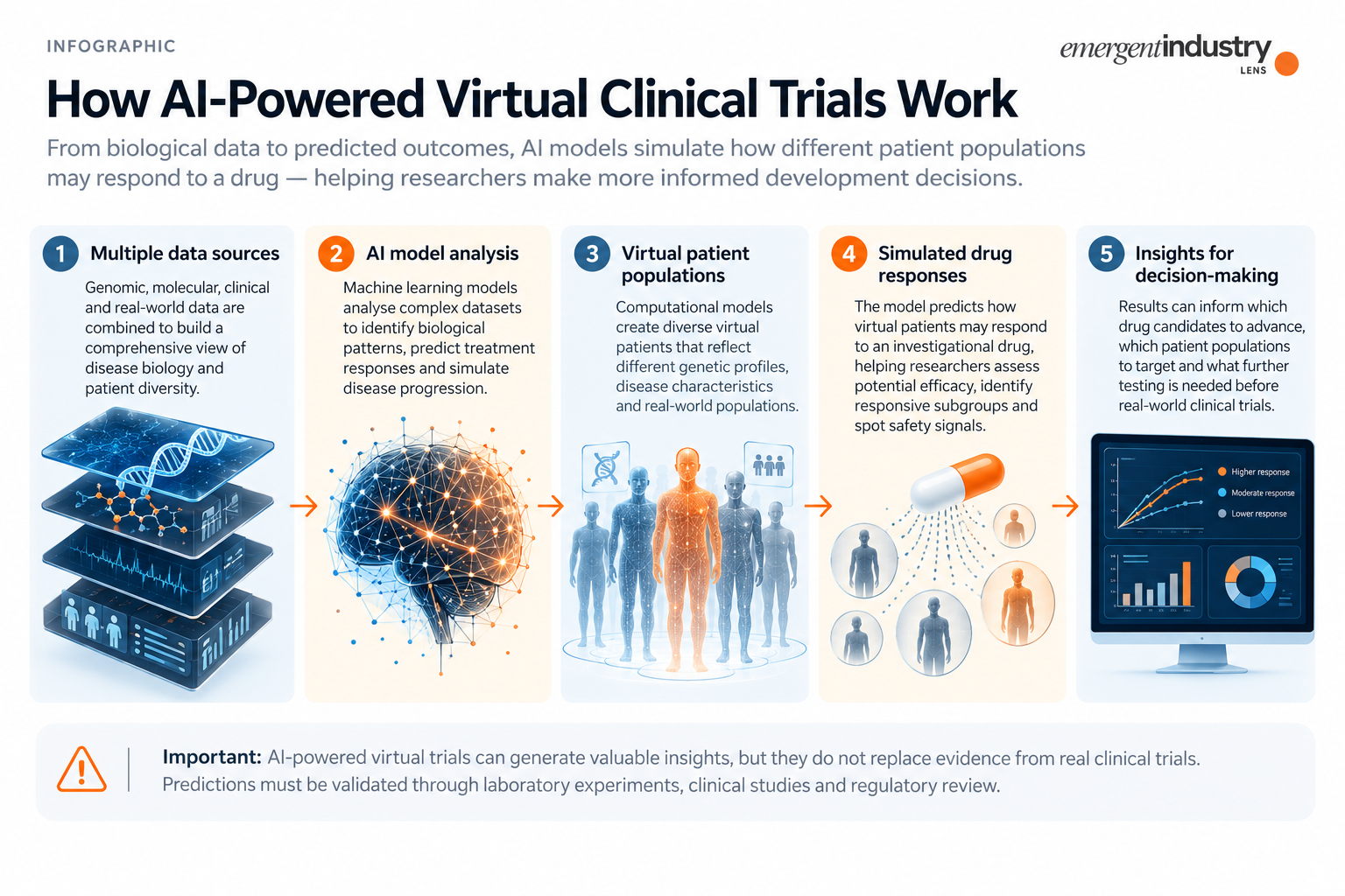 How AI-powered in silico trials work: from biological data and virtual patient populations to predicted drug responses. Simulations support research decisions but do not, by themselves, establish clinical safety or efficacy.