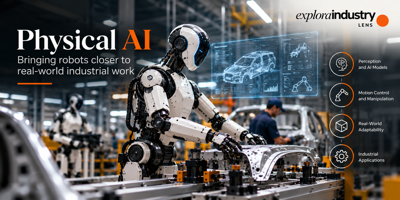 Futuristic smart factory with industrial robots, AI-powered manufacturing systems and connected global supply chains, illustrating manufacturing trends for 2027.