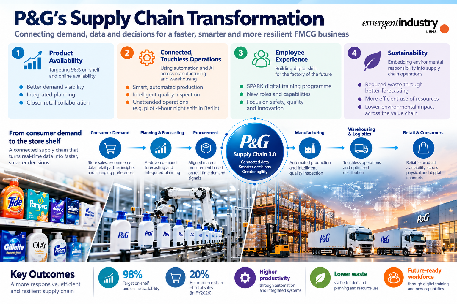 Infographic illustrating P&G’s global supply chain transformation through connected planning, AI, automation, workforce development and sustainability.
