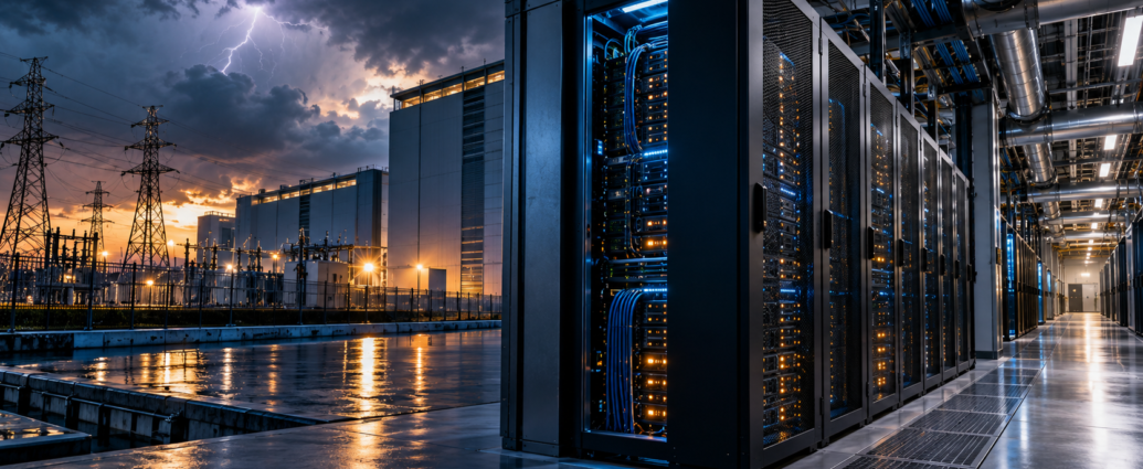 AI data centre server infrastructure and power systems under storm clouds, illustrating emerging insurance risks