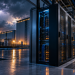 AI data centre server infrastructure and power systems under storm clouds, illustrating emerging insurance risks