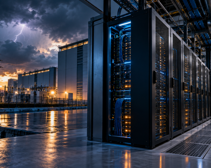 AI data centre server infrastructure and power systems under storm clouds, illustrating emerging insurance risks