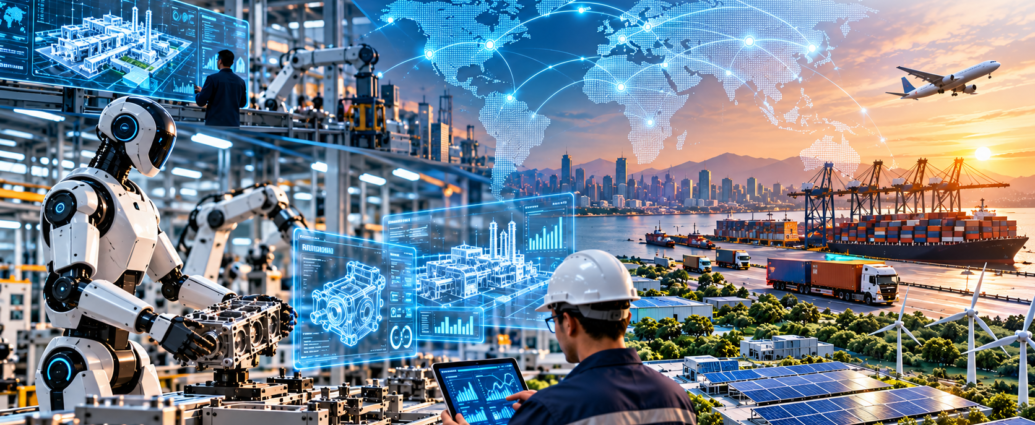 Futuristic smart factory with industrial robots, digital twin interfaces, connected global supply chains, and renewable energy infrastructure.