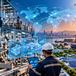Futuristic smart factory with industrial robots, digital twin interfaces, connected global supply chains, and renewable energy infrastructure.