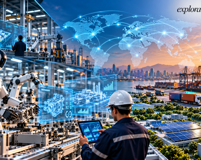 Futuristic smart factory with industrial robots, digital twin interfaces, connected global supply chains, and renewable energy infrastructure.